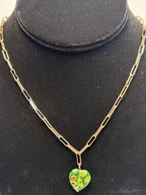 Necklace Gold Tone with Green Floral Art Glass Heart Pendant